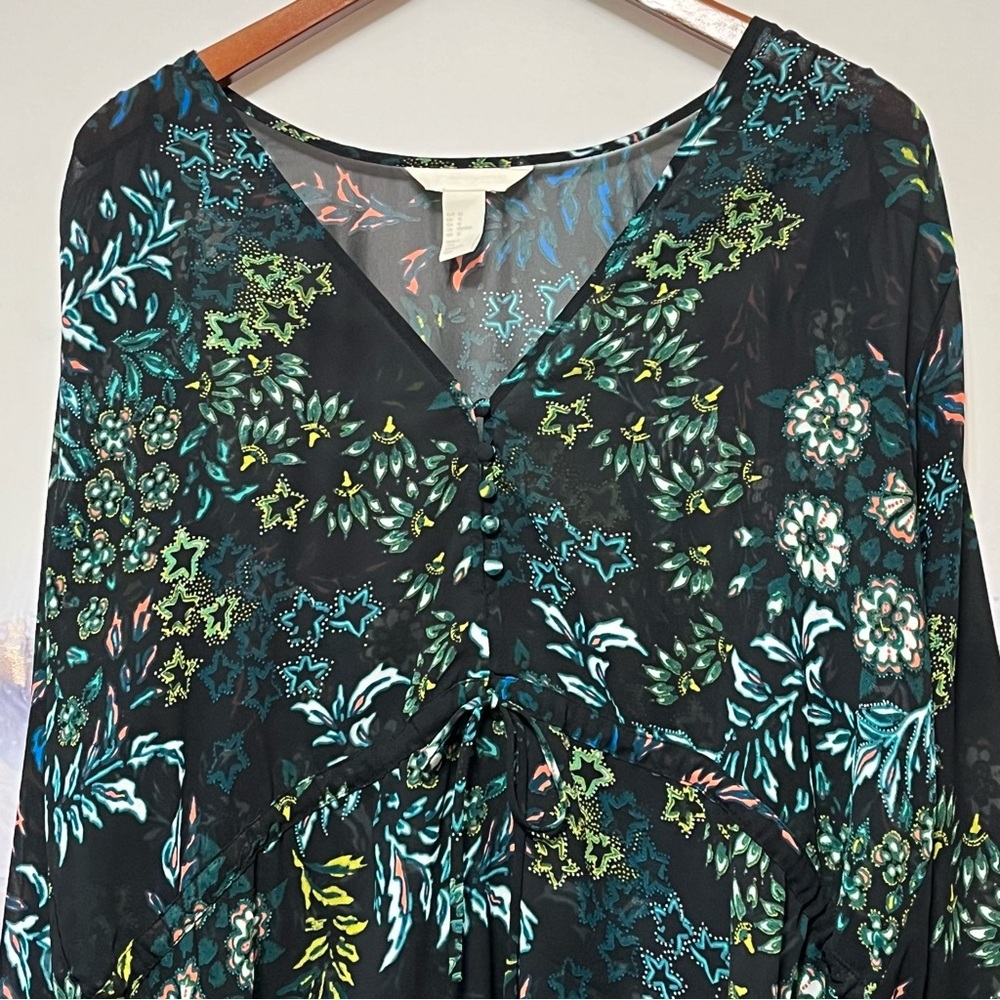 H&M Conscious Beach Cover Up‎ Women Size 12 Floral Drawstring Long Ruffle Sleeve - Picture 2 of 16